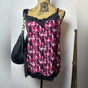 vintage y2k pink and black patterned lace women’s camisole top